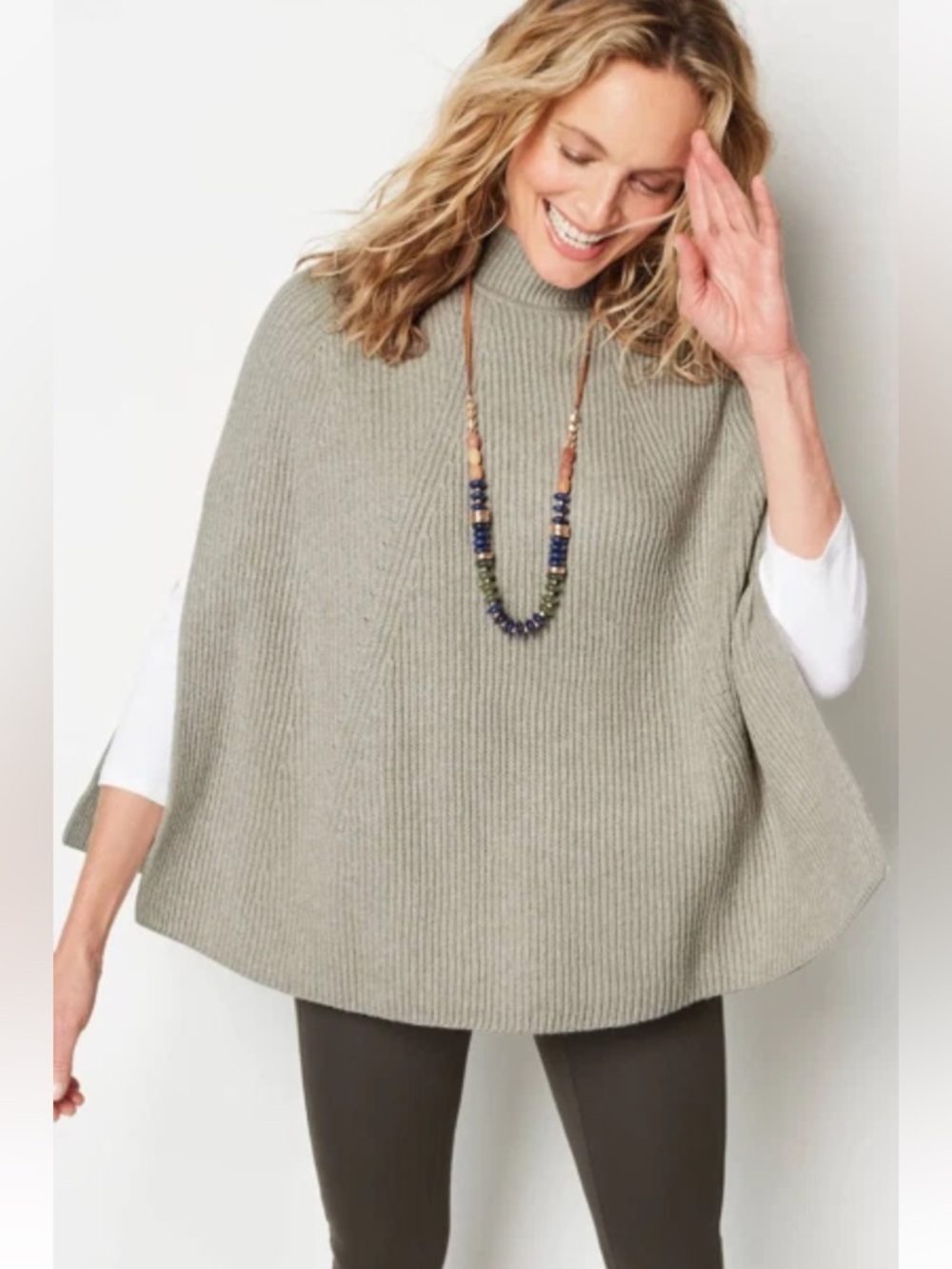 Pure Jill Linen Wool Blend Poncho Heather Gray Ribbed Crewneck Sweater XS/S